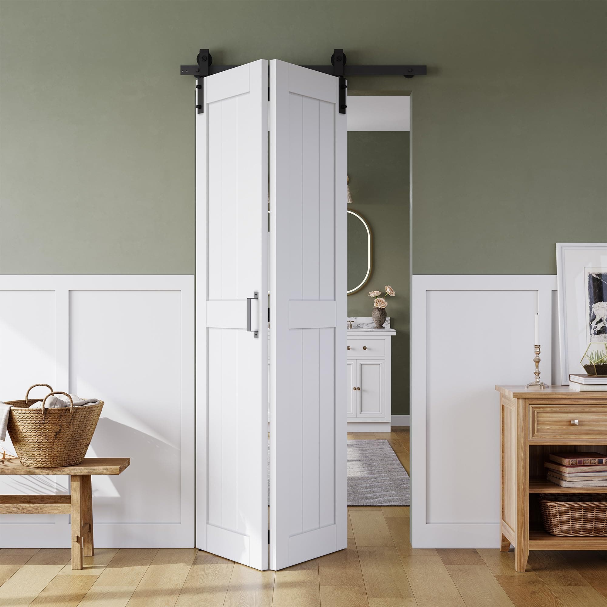 Bifold Barn Door 24" x 84", MDF Bi-Fold Sliding Closet Doors with Hardware Kit Included, Pre-Finished Easy Assembly, Water-Proof PVC Surface & Save Space, H-Frame, 28" Track for 2 Doors,White