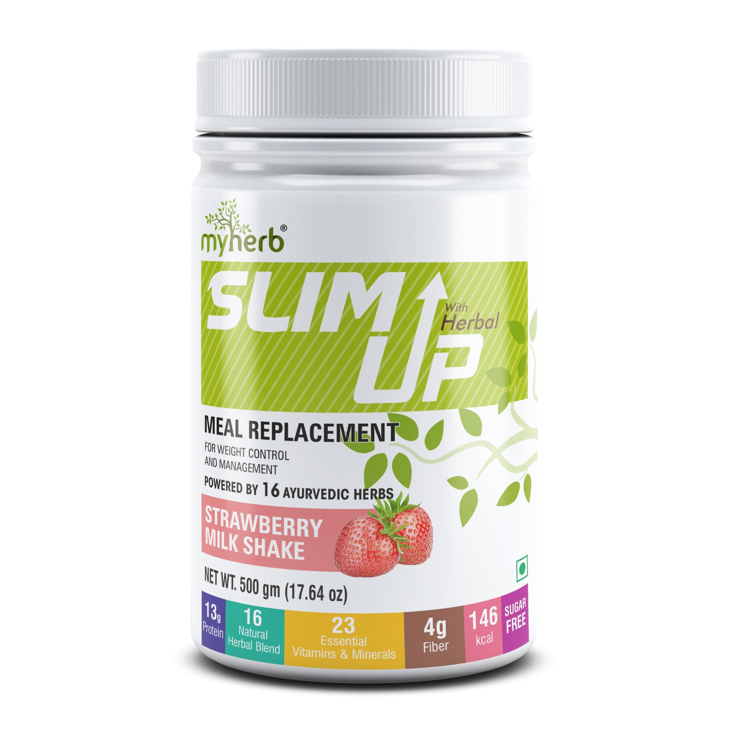 Slim Up Meal Replacement Shake With 16 Natural Herbal Blend (Ayurvedic Formula) For Weight Control&Management-13.5g Protein-23 Vitamins For Men&Women (Strawberry Milk Shake, 500 gm)