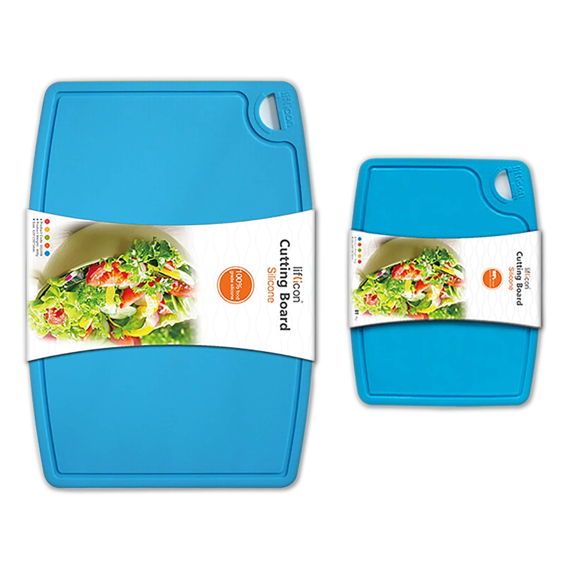 Liflicon Thick Silicone Cutting Boards for Kitchen Silicone Chopping Boards/Mats Set of 2 Extra Large14.6''x10.43'', Mini 9.1”x7.1” Non-slip Deep Drip Juice Groove, Dishwasher Safe-Blue