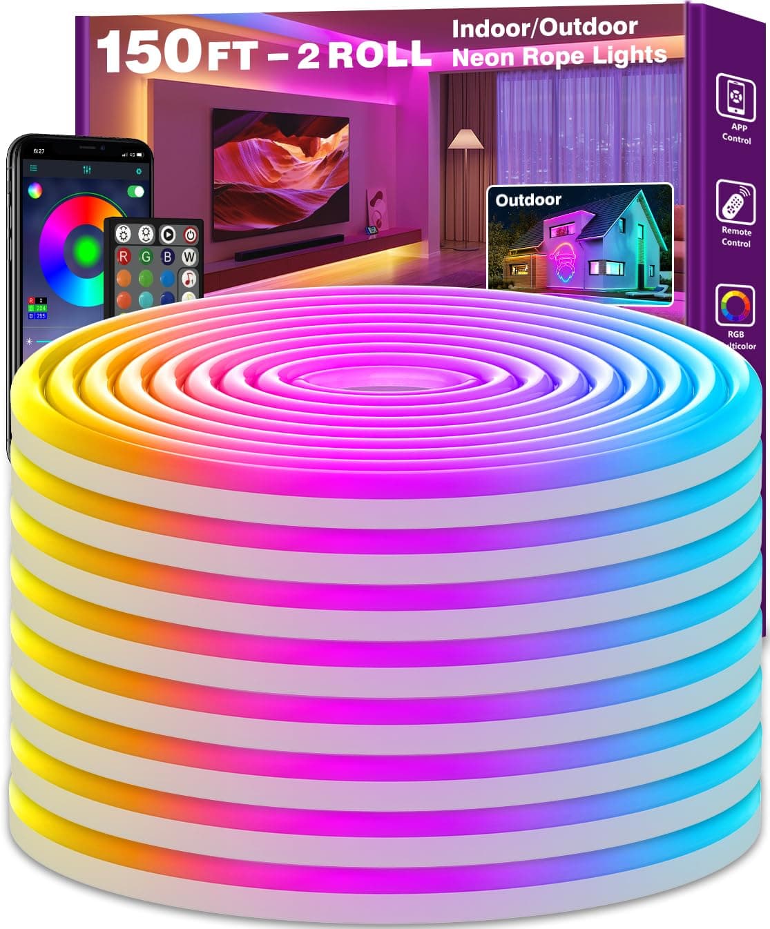 Led Neon Rope Lights 150FT,Control with App/Remote,Flexible Led Rope Lights,Multiple Modes,IP68 Outdoor RGB Neon Lights Waterproof,Music Sync Gaming Led Strip Lights for Bedroom Indoor