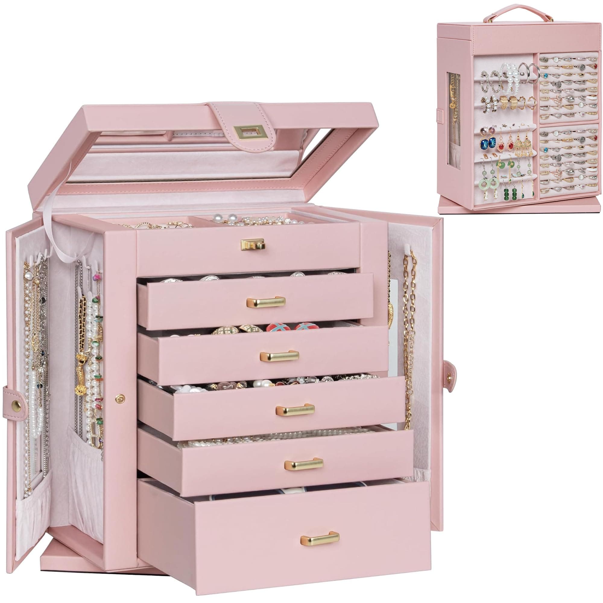 AKOZLIN 360° Rotating Jewelry Box 6-Tier Organizer Functional Jewelry Storage Case for Women Girls Ring Necklace Earring Bracelet Holder with Mirror Pink