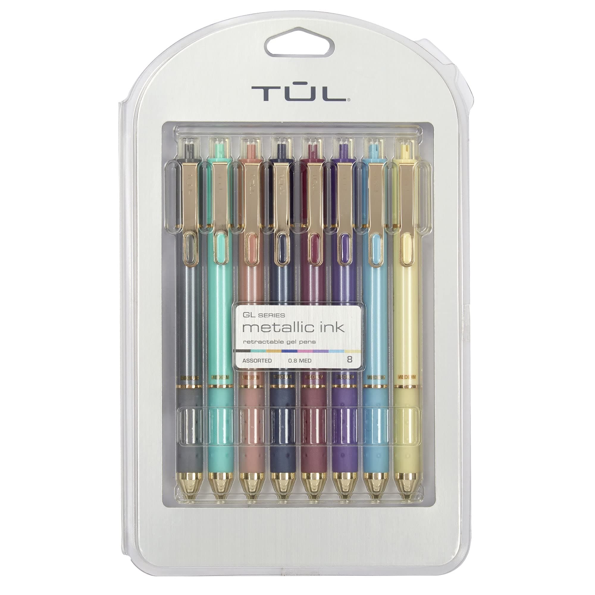 TUL® GL Series Retractable Gel Pens, Medium Point, 0.8 mm, Assorted Barrel Colors, Assorted Metallic Inks, Pack Of 8 Pens