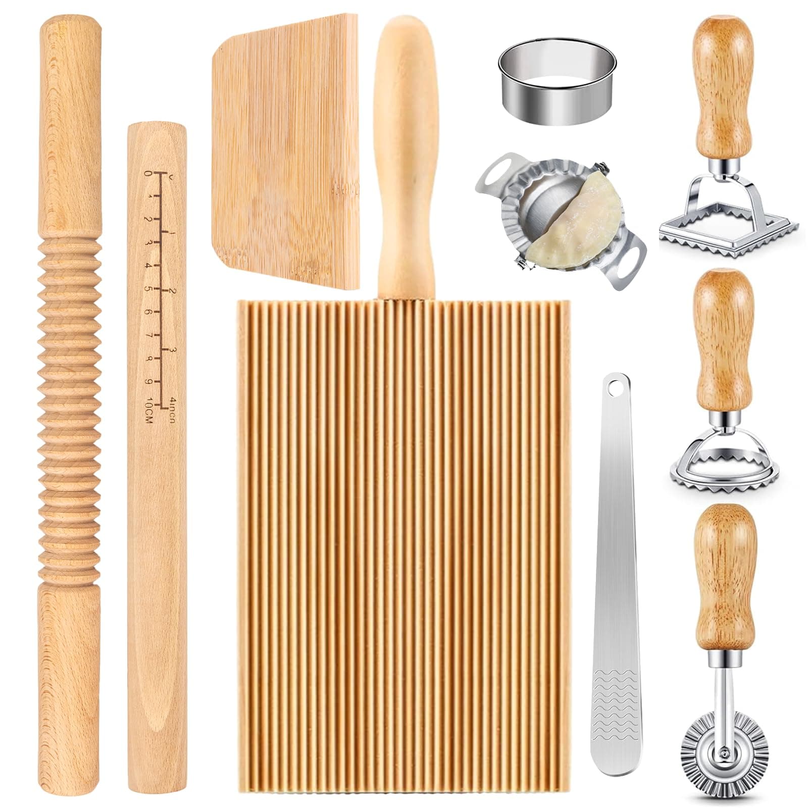 10 Pcs Pasta Making Tools Set, Manual Pierogi Maker, Ravioli Stamp Cutter, Wooden Rolling Pin, Dough Scraper, Gnocchi Board, 5 Ravioli Stamp Maker Cutter