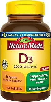 Nature Made Vitamin D3 2000 IU (50 mcg), Vitamin D Supplement for Bone, Teeth, Muscle and Immune Health Support, 220 Tablets, 220 Day Supply