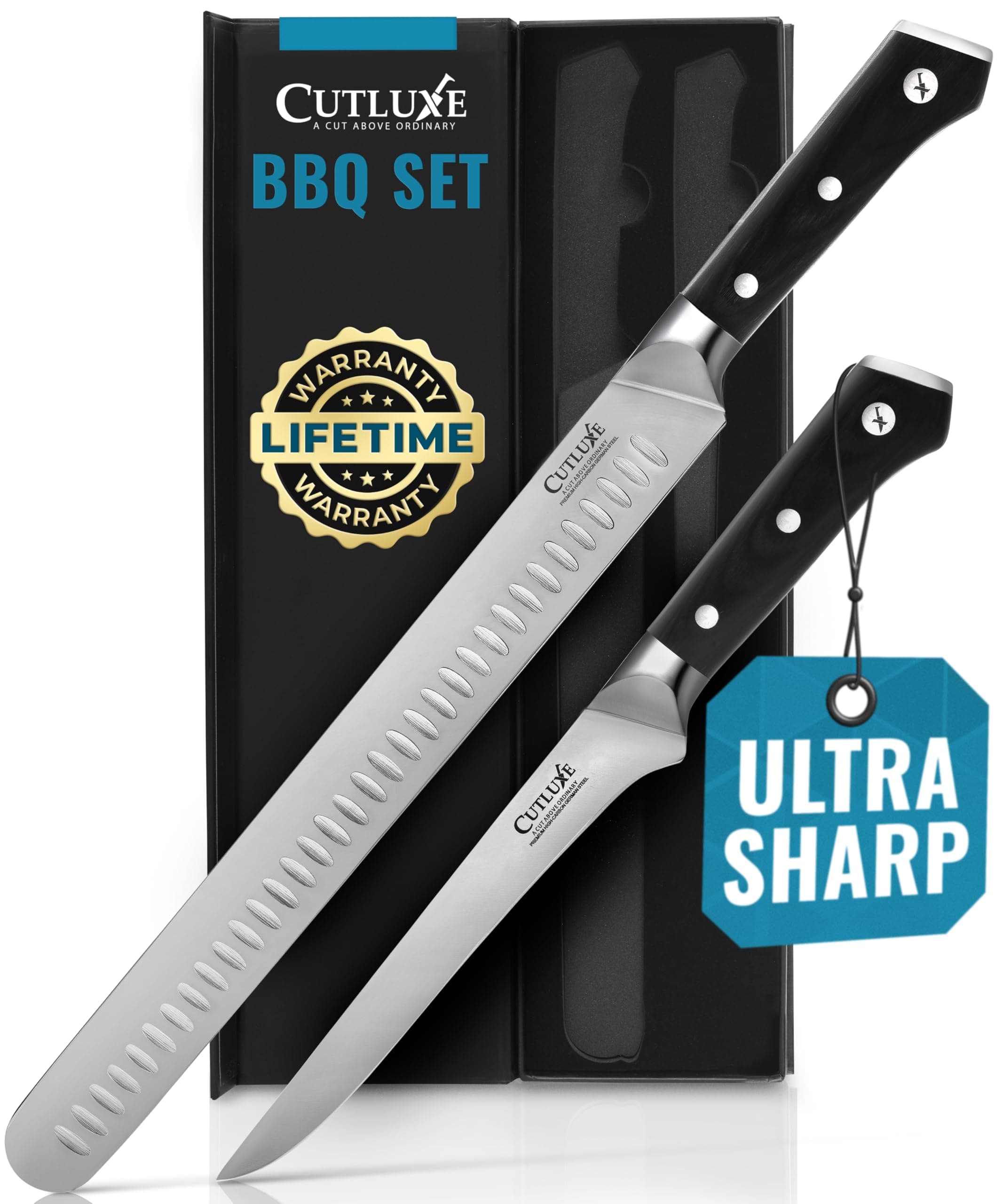 Cutluxe Carving Knife Set for BBQ & Brisket – Razor Sharp German Steel Slicing and Boning Knife for Meat Cutting, Full Tang & Ergonomic Handle – Artisan Series