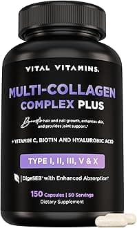Vital Vitamins Multi Collagen Capsules with Biotin, Hyaluronic Acid, Vitamin C - Type I, II, III, V, X Peptides - Collagen Supplements for Men & Women - Hair, Skin, Nails Beauty Complex - 150 Count