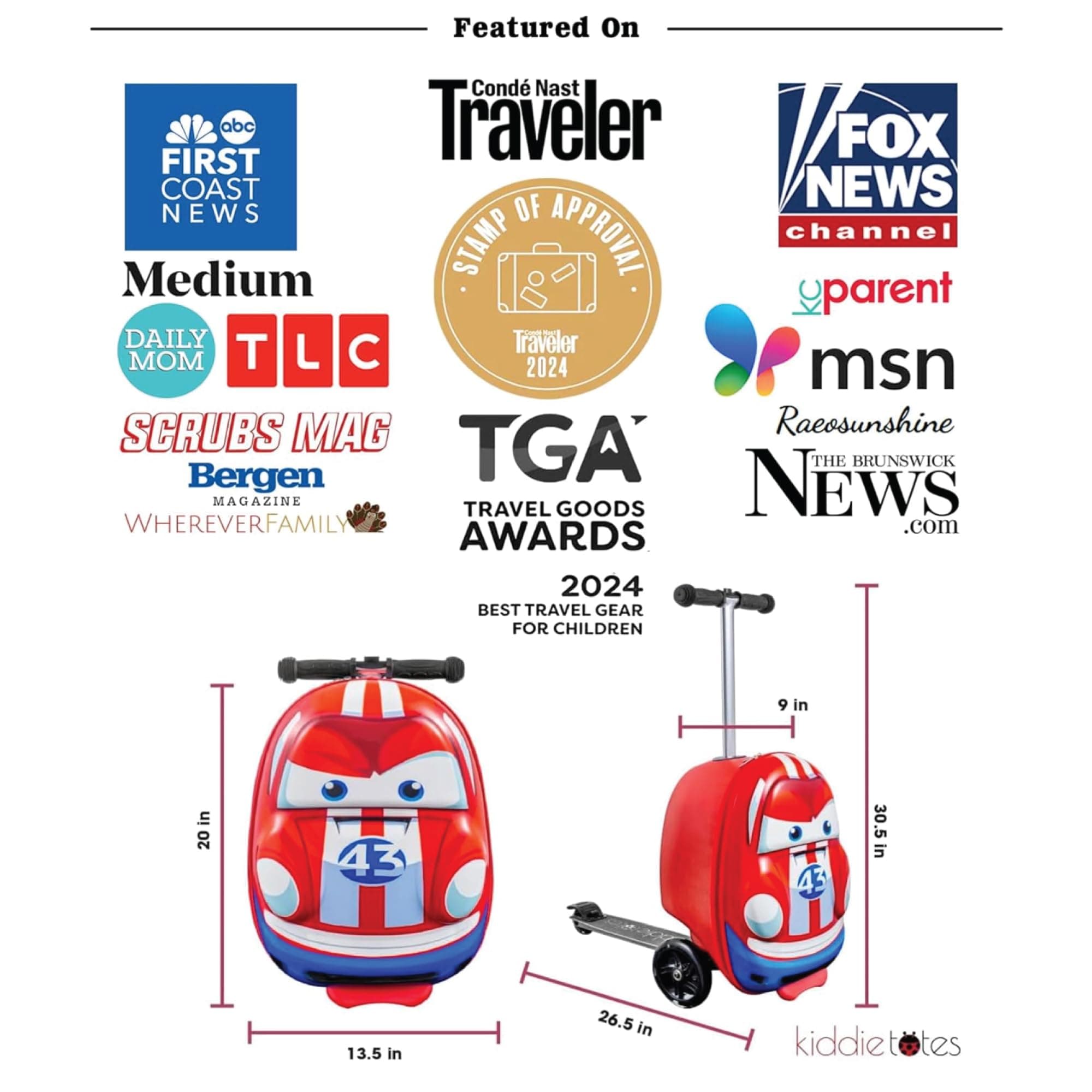 Kiddietotes 3-D Hardshell Ride-On Suitcase Scooter for Kids - Cute Lightweight Kids Carry-On Luggage with LED Lighted Wheels - 2022 Wheel Design, Red, Race Car, KT-SL12CAR, red