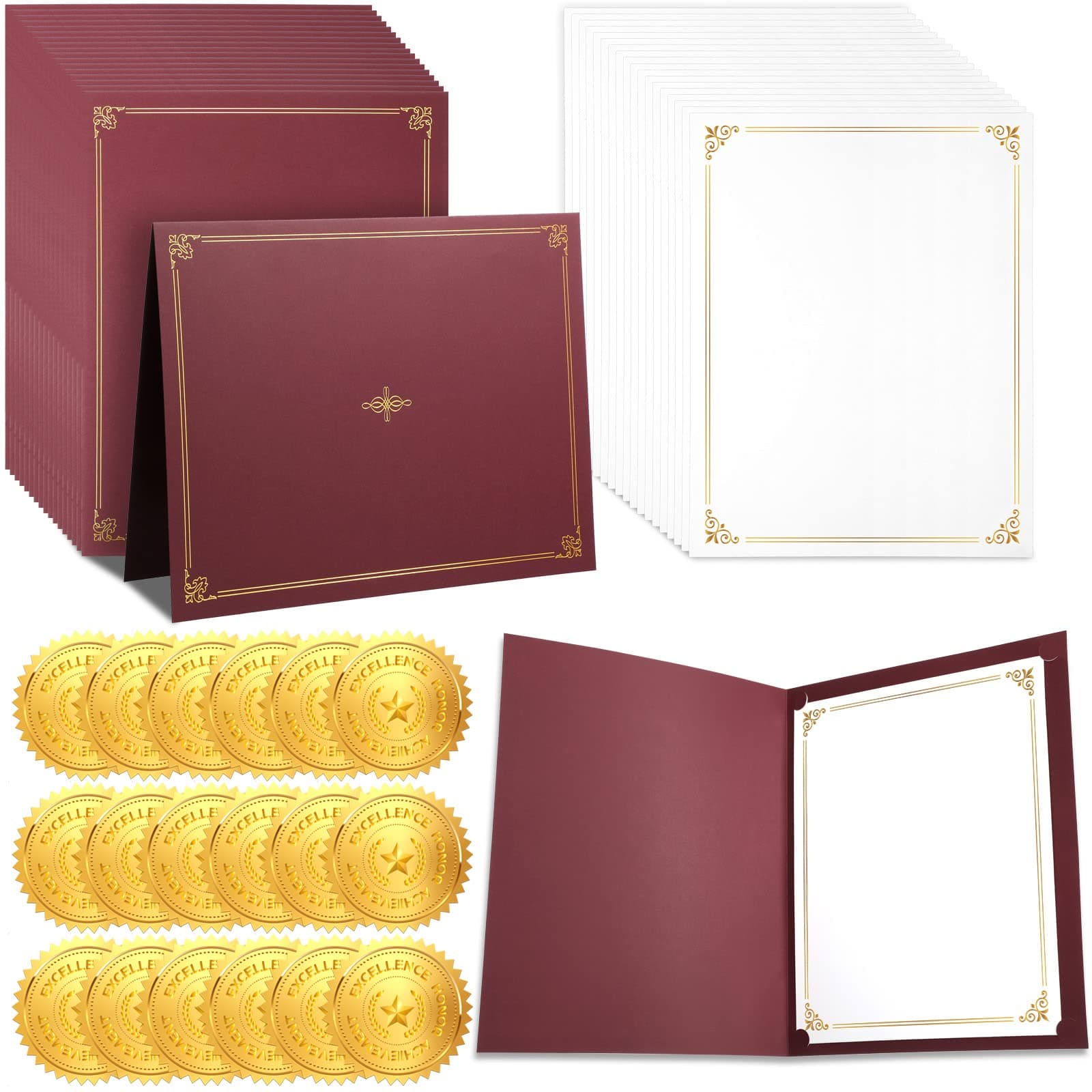 108 Pcs Certificate Kit Award Certificate Collection Include 36 Certificate Holder 36 Certificate Paper 36 Gold Foil Award Seal for Graduation Diploma Accomplishment Document Supplies (Wine Red)