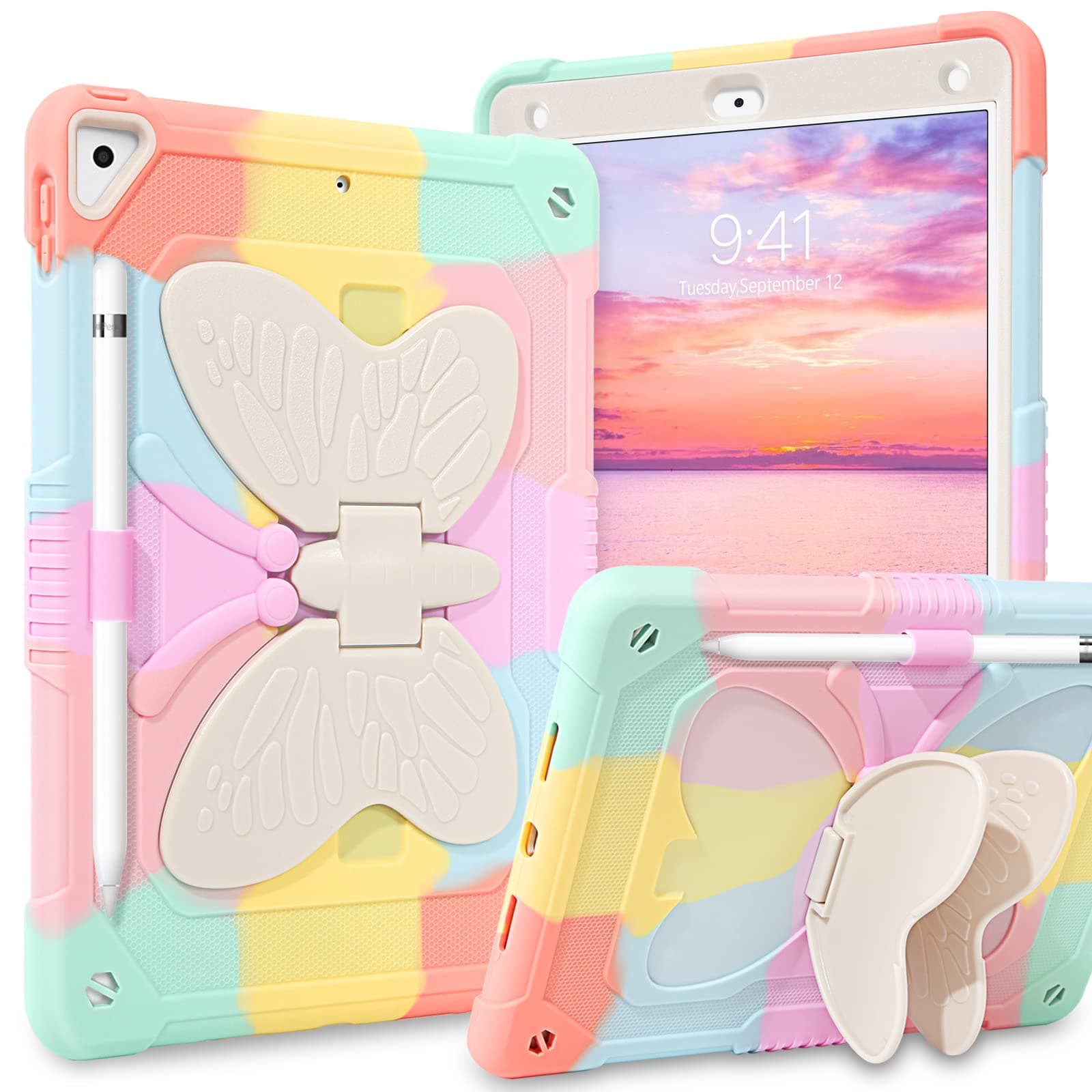 DUEDUE for iPad Air 2 Case for Kids, iPad 6th/5th Generation case 2017/2018, Butterfly Wings Kickstand with Pencil Holder Heavy Duty Shockproof Protective Tablet Case for iPad Pro 9.7, Rainbow