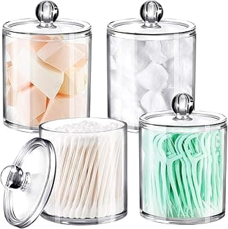 4 Pack Plastic Acrylic Bathroom Vanity Countertop Canister Jars with Storage Lid, Apothecary Jars Qtip Holder Makeup Organizer for Cotton Balls,Swabs,Pads,Bath Salts