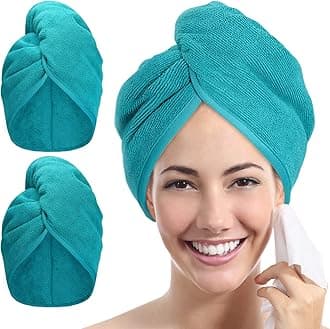 Microfiber Hair Towel Hair Wrap: 2 Pack 10X26 Hair Dryer Towels for Women Absorbent Turban Twist Hair Drying Shower Cap Curly Hair Products for Hair Care Hair Accessories (09 2-Pcs Aqua Green)