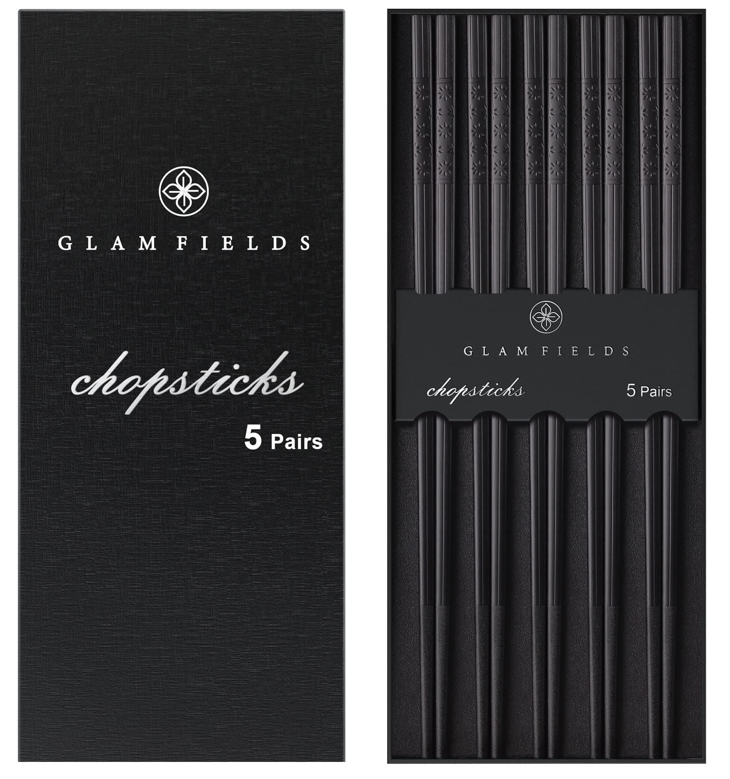 Chopsticks, GLAMFIELDS 5 Pairs Premium Black Chopsticks Reusable for Sushi Japanese Matte Anti-slip Chop Sticks with Gift Case Lightweight Dishwasher Safe, 9 1/2 Inches