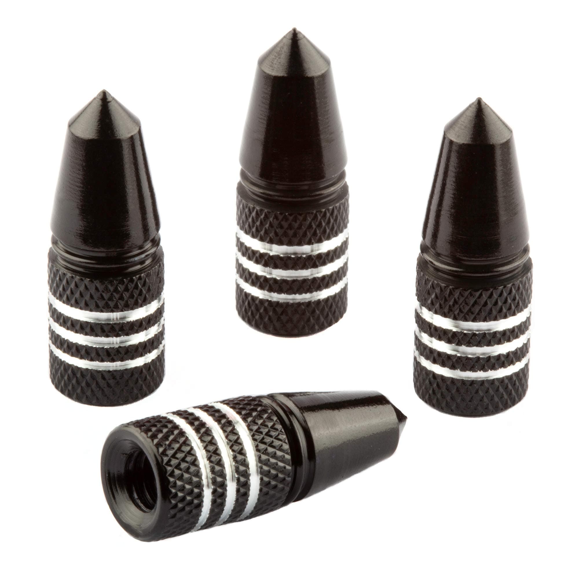 Presta Valve Caps - Anodized Aluminum - Use On Presta/French Valves - Designs: Bullet, Rocket, Hamburger, Pocket Rocket (4 Pack)