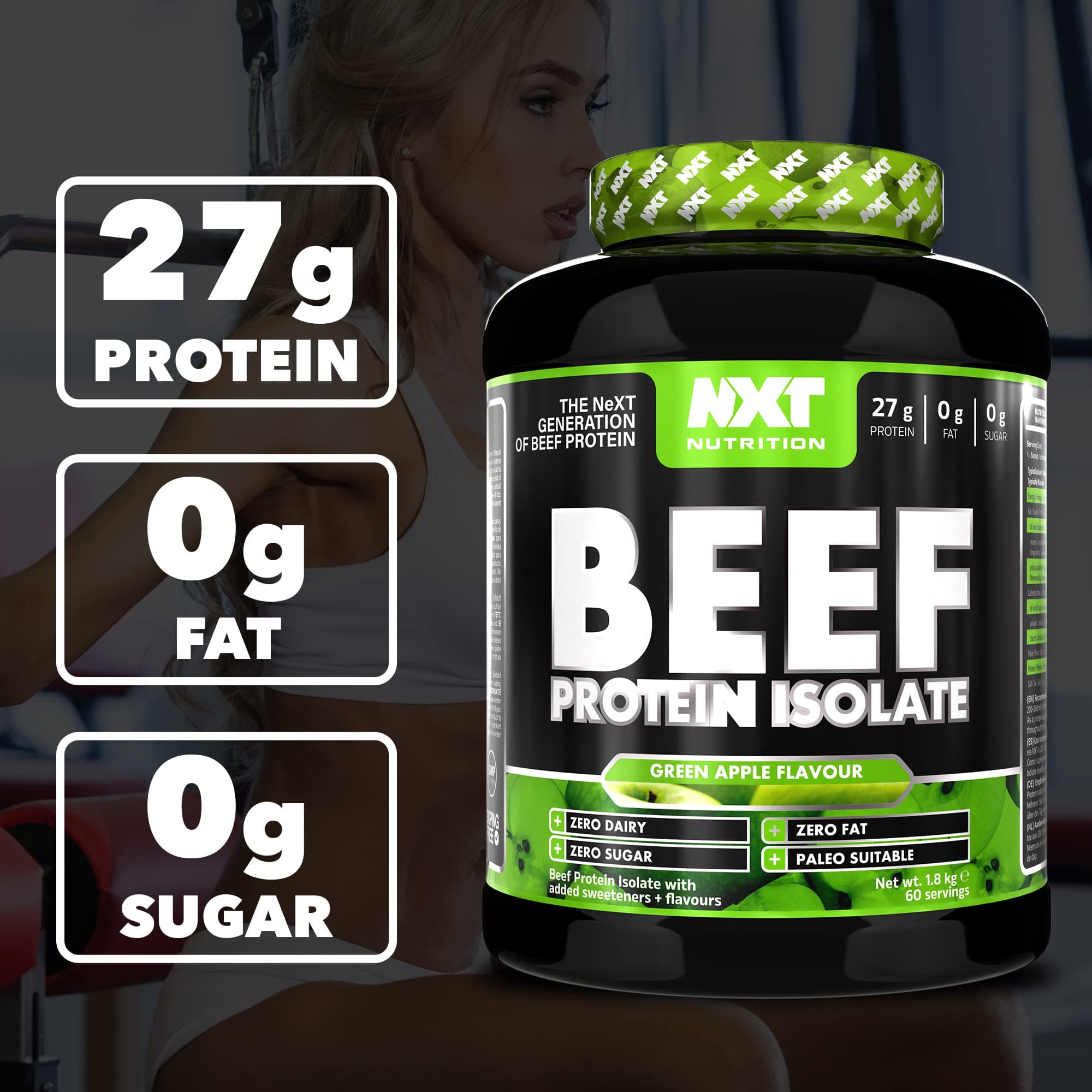 NXT Nutrition Beef Protein Isolate Powder - Protein Powder High in Natural Amino Acids - Paleo, Keto Friendly - Dairy and Gluten Free - Muscle Recovery | 1.8kg (Apple)