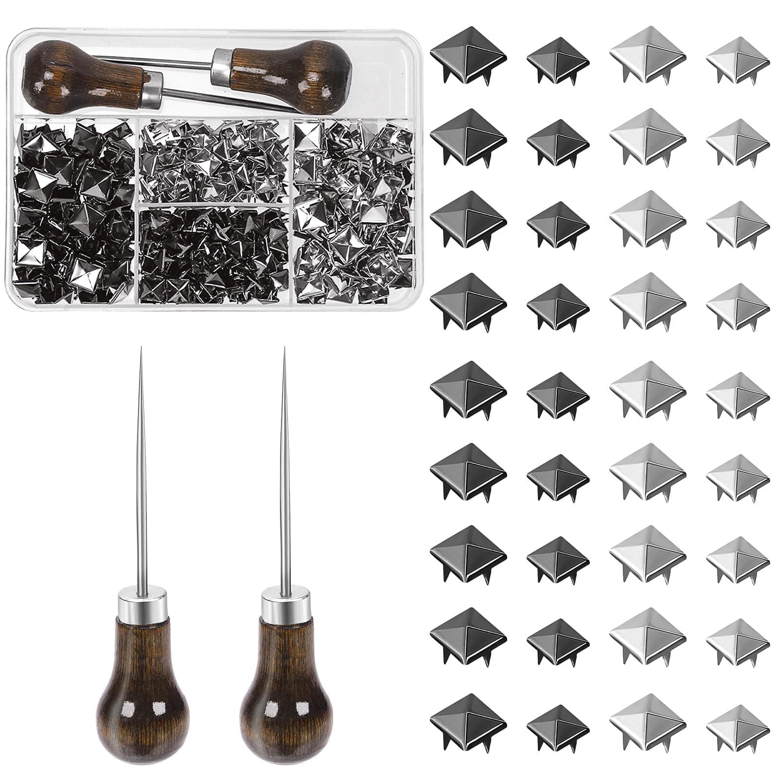 400Pcs Four-Jaw Square Rivets Set, 8mm 10 mm Square Pyramid Studs, Metal Punk Spikes Spots Studs Nail-Heads Accessories with Straight Tipped Scratch Awl for Clothing Bag Leather Shoes