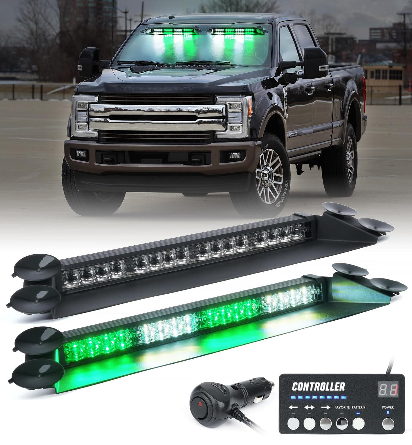 LUMENIX LED Emergency Dash Strobe Lights Bar w/Controller Windshield Visor Safety Warning Traffic Caution Lightbar Deck Split Flashing Light for Construction Vehicles Work Trucks Pickup- White Green