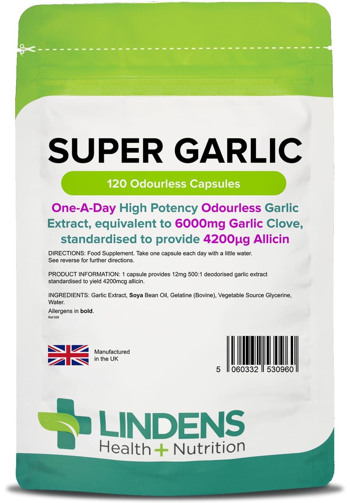 Super Garlic 6000mg High Strength - 120 '1-A-Day' Capsules - UK Made - High Potency Odourless Garlic Extract - Equivalent to 6000mg Garlic Clove, Standardised to Provide 4200μg Allicin.