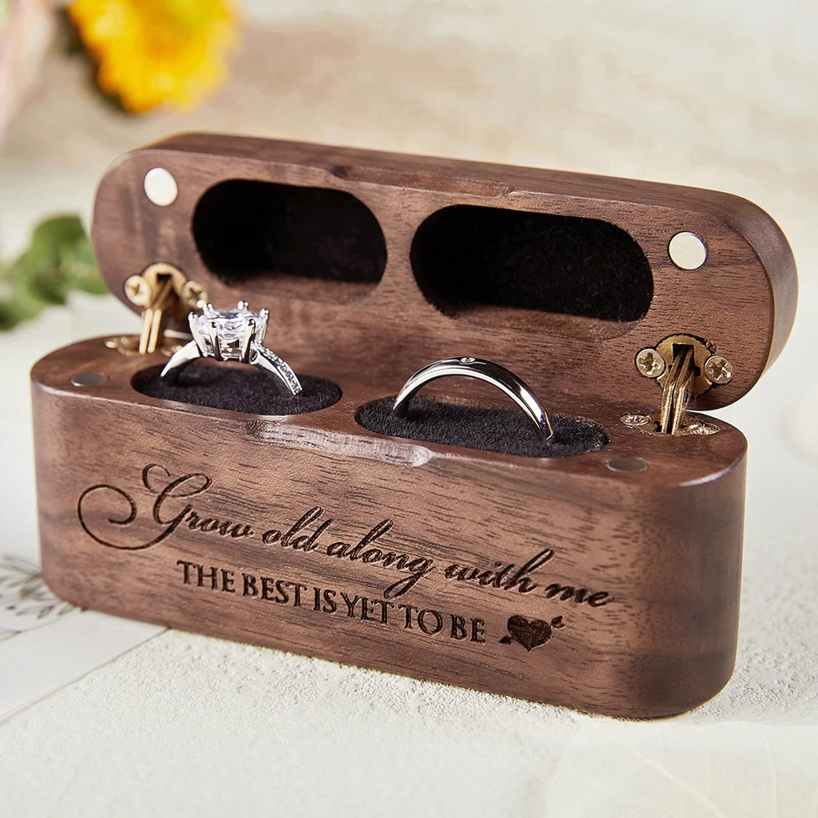 AW BRIDAL Ring Bearer Box for 2Rings, Engraved Wedding Ring Box Walnut Wood Ring Box Engagement Ring Box for Wedding Ceremony