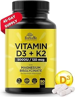 Vitamin D3 5000 IU + K2 with Magnesium Bisglycinate for Max Absorption | 90 Capsules | Immune Support | Promotes Heart, Bone and Muscle Health