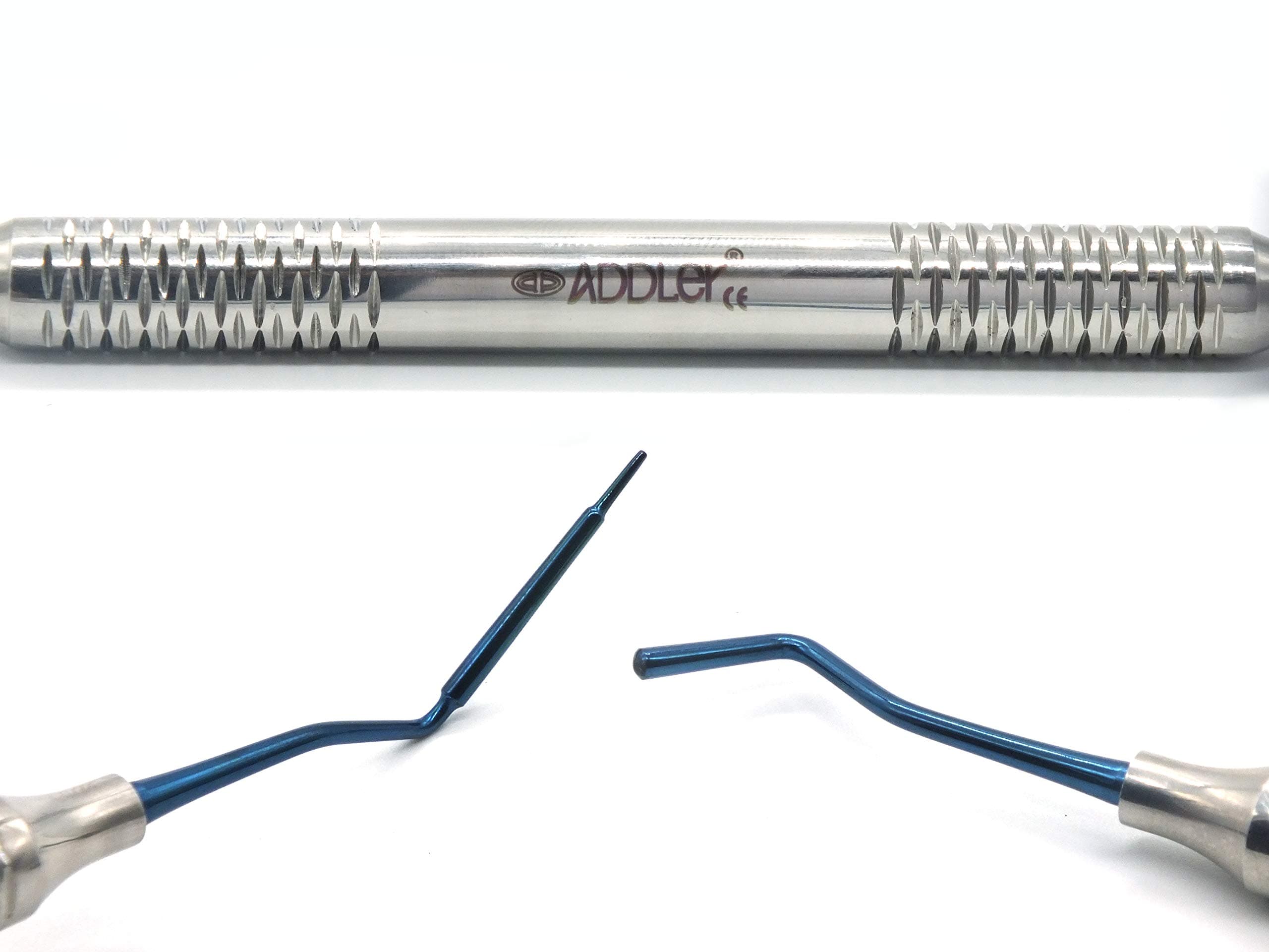 ADDLER DENTAL AESTHETIC COMPOSITE RESTORATION APPLICATOR SPATULA FOR PRECISE AND SMOOTH APPLICATION OF COMPOSITE TITANIUM BLUE ENDS HOLLOW HANDLE 10MM LIGHT WEIGHT LIFE TIME ANTIRUSTING WARRANTY.