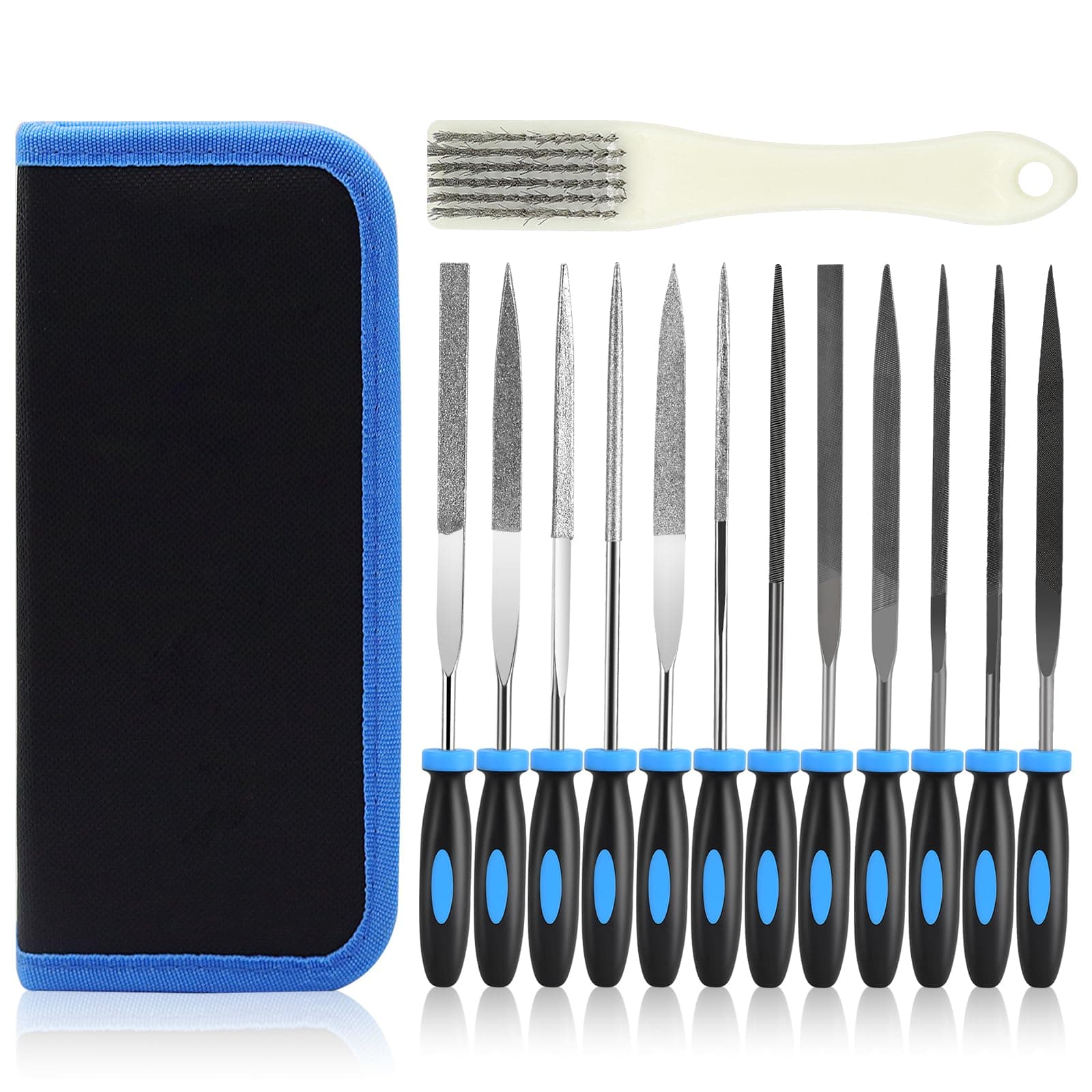13Pcs Premium Small File Set, 6 Diamond Files, 6 Steel Files, Cleaning Brush & Carrying Case for Wood, Plastic, Jewelry, Leather, DIY