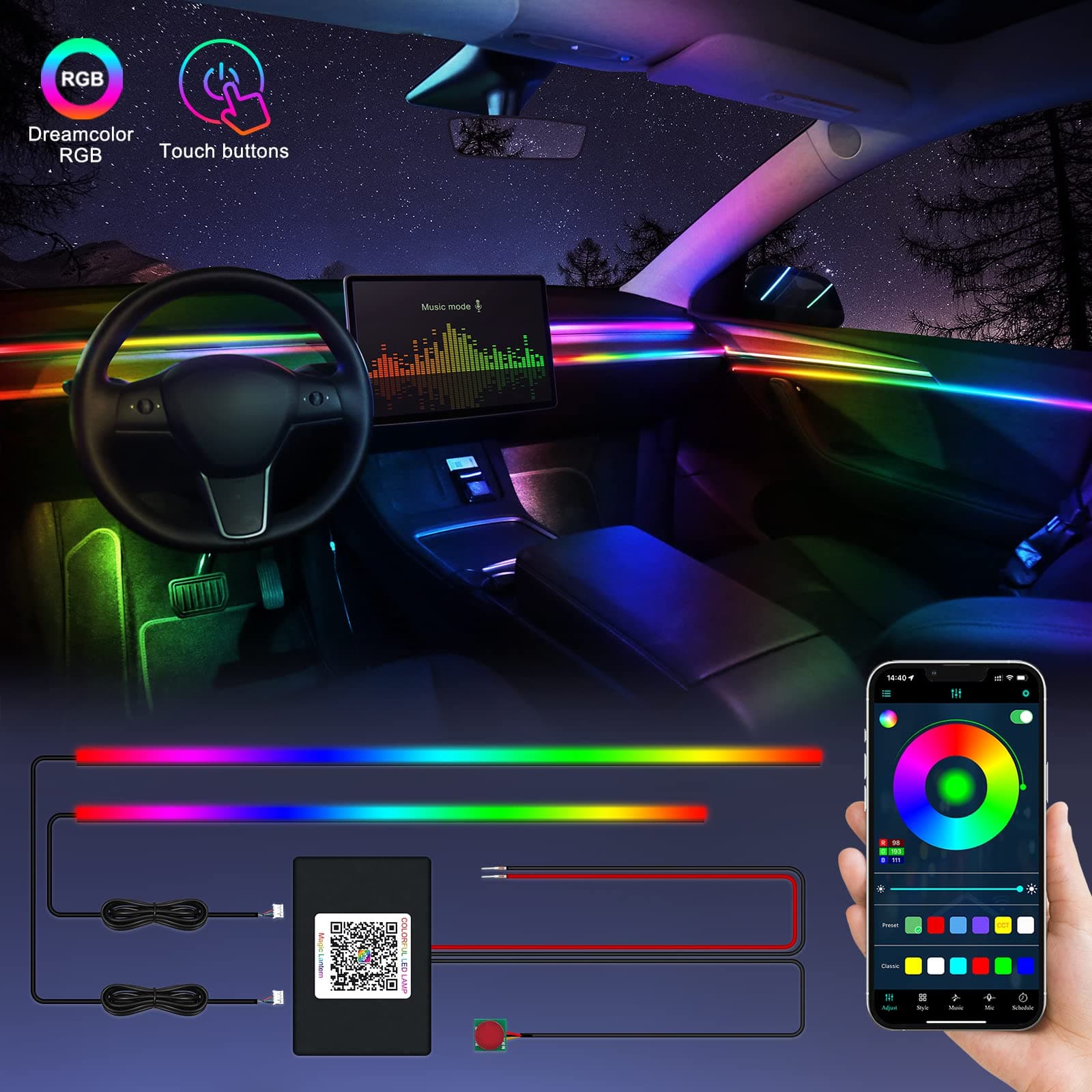 Acrylic Interior Car LED Strip Light with Wireless APP, RGBIC Dreamcolor 2 in 1 Ambient Lighting Kits, 16 Million Colors Sound Active Function Car Neon Lights, Sync to Music (dreamcolor 2 in 1)