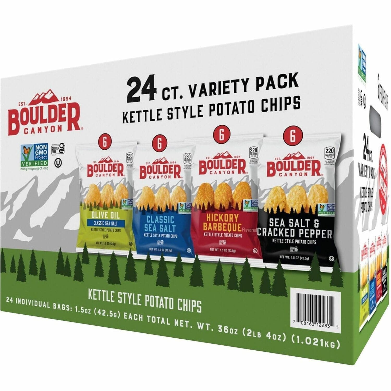 Boulder Canyon Kettle Cooked Potato Chip Variety Pack (24 Individual - 1.5 Oz Bags) of the Following Flavors: Olive Oil, Hickory Barbeque, Sea Salt and Sea Salt & Cracked Pepper