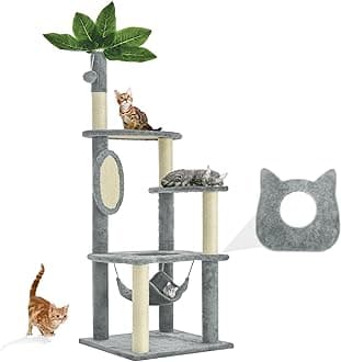 61" Cat Tree for with Green Leaves, Multi-Level Large Cat Tower with Hammock, Plush Cat House with Hang Ball Toy and Sisal Scratching Posts Furniture, Grey