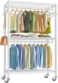 VIPEKV12 Rolling Garment Rack 3 Tiers Adjustable Wire Shelving Clothes Rack with Wheels, Freestanding Wardrobe Storage Rack Heavy Duty Metal Clothing Rack for Hanging Clothes, White