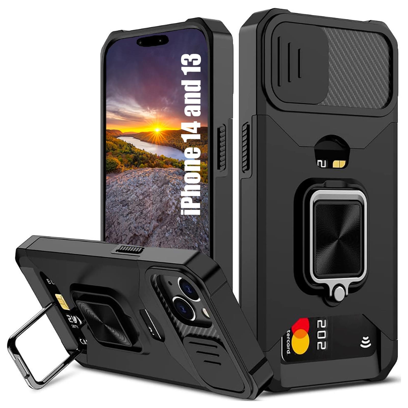 for iPhone 14 Case,iPhone 13 Case with Card Holder and Slide Camera Cover,360° Rotate Ring Kickstand Heavy Duty Protective phone case for iPhone 14 Cover& iPhone 13 Cover -Black