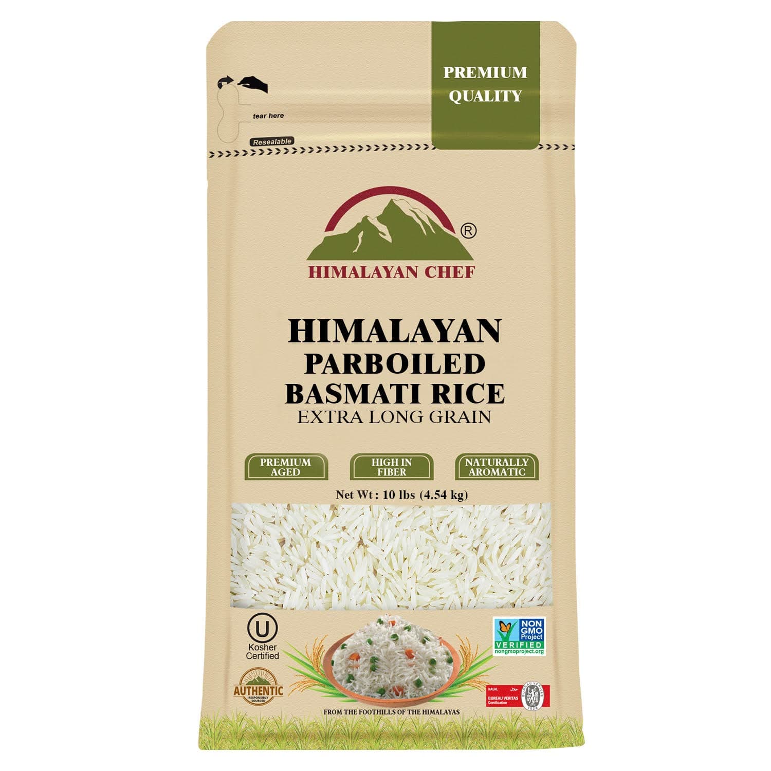 Himalayan Chef Parboiled Basmati Rice, Healthy & Extra Long Grain Rice, Premium Quality, Fluffy Quick Cooking Aromatic, Non-GMO, Halal and Kosher Certified - 10 lbs