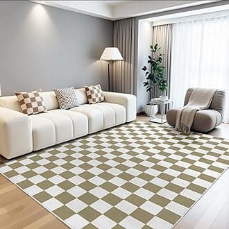 Terrug Beige and White Checkered Rug for Living Room,5x7 Area Rugs Washable with Non Slip for Bedroom,Soft Low Pile Stain Resistance Retro Carpet for Dorm Kids Room