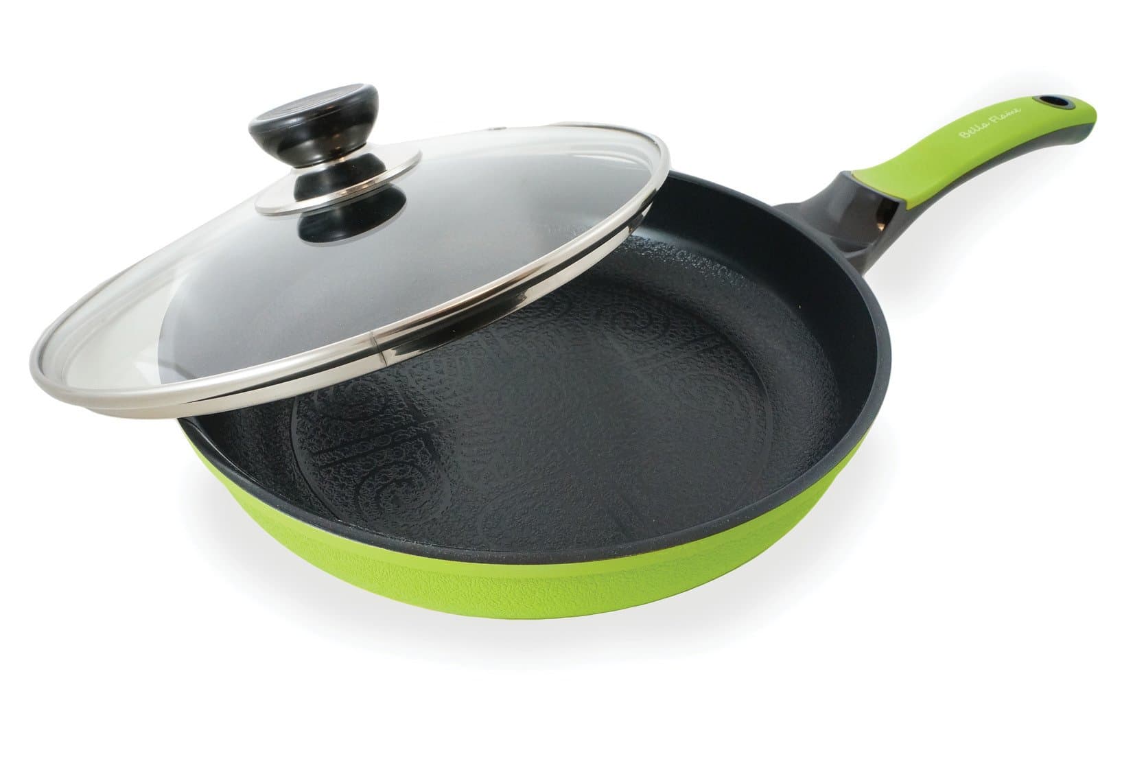 Bella Flame 9.5" Green Ceramic Coated Nonstick Fry Pan w/Glass Lid by Amorè, Floral Pattern Texture, Beautiful & Elegant Design, Nano Ceramic Coating (100% PTFE & PFOA Free)