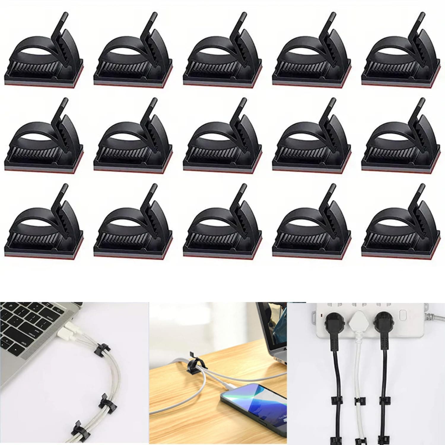 20 Pieces Adjustable Cable Management Clips - Cord Wire Organizer Clip with 3M Adhesive Foam for TV PC USB Charging Cables for Home (Black)
