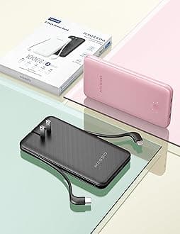 miisso Ultra Slim 10000mAh Power Bank Built-in Cables and Foldable AC Wall Plug, Pocket Size USB C Portable Charger, External Battery Pack Compatible with iPhone Samsung, 2 Pack Black & Pink