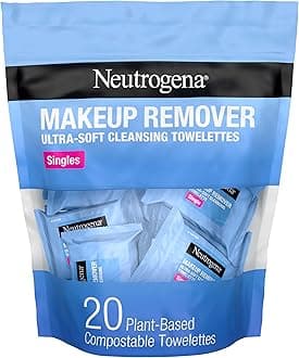 Neutrogena Makeup Remover Cleansing Towelette Singles, Daily Face Wipes To Remove Dirt, Oil, Makeup & Waterproof Mascara, Individually Wrapped, 20 Count