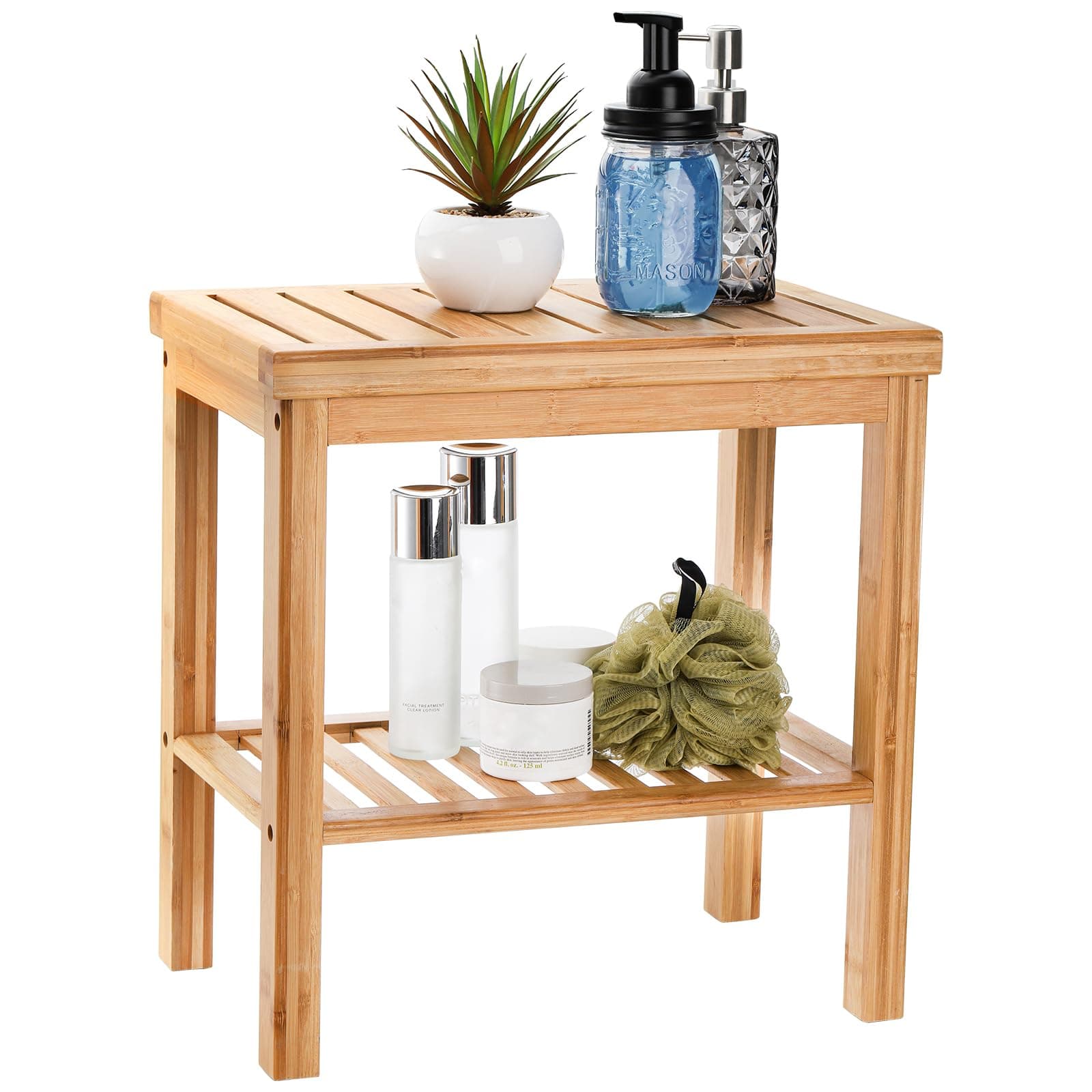 Bamboo Shower Bench, Bath Seat Stool, Spa Foot Rest Shaving Stool, Storage Shelf for Shampoo Towel, Works in Inside Bathroom, Living Room, Bedroom, Garden Leisure