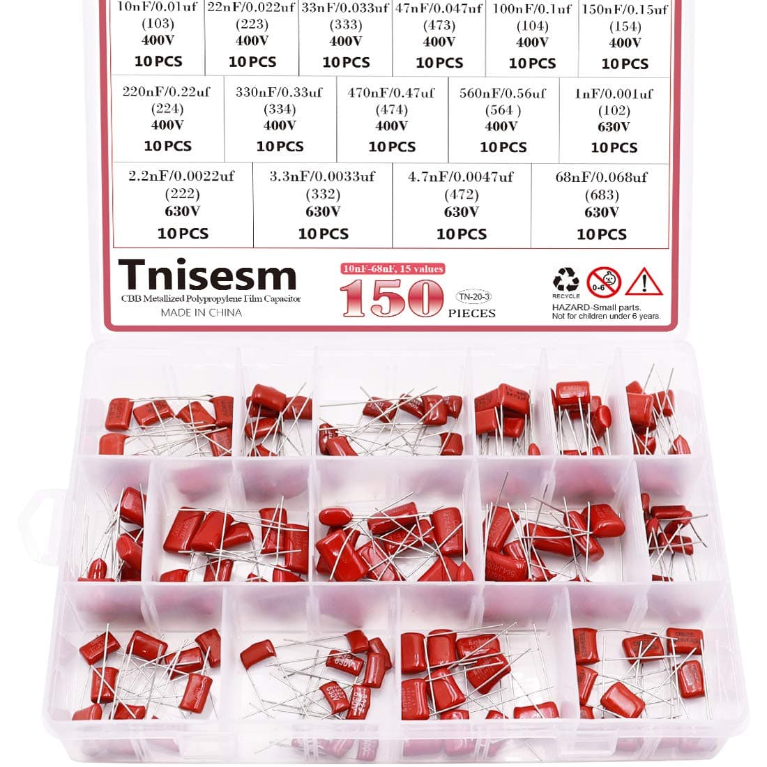 Tnisesm 150 Pcs 15 Value CBB Metallized Polypropylene Film Capacitors Assortment Kit 10nF ~ 68nF / 0.01uF ~ 0.068uF 400V and 630V in a Box Tn-20-3