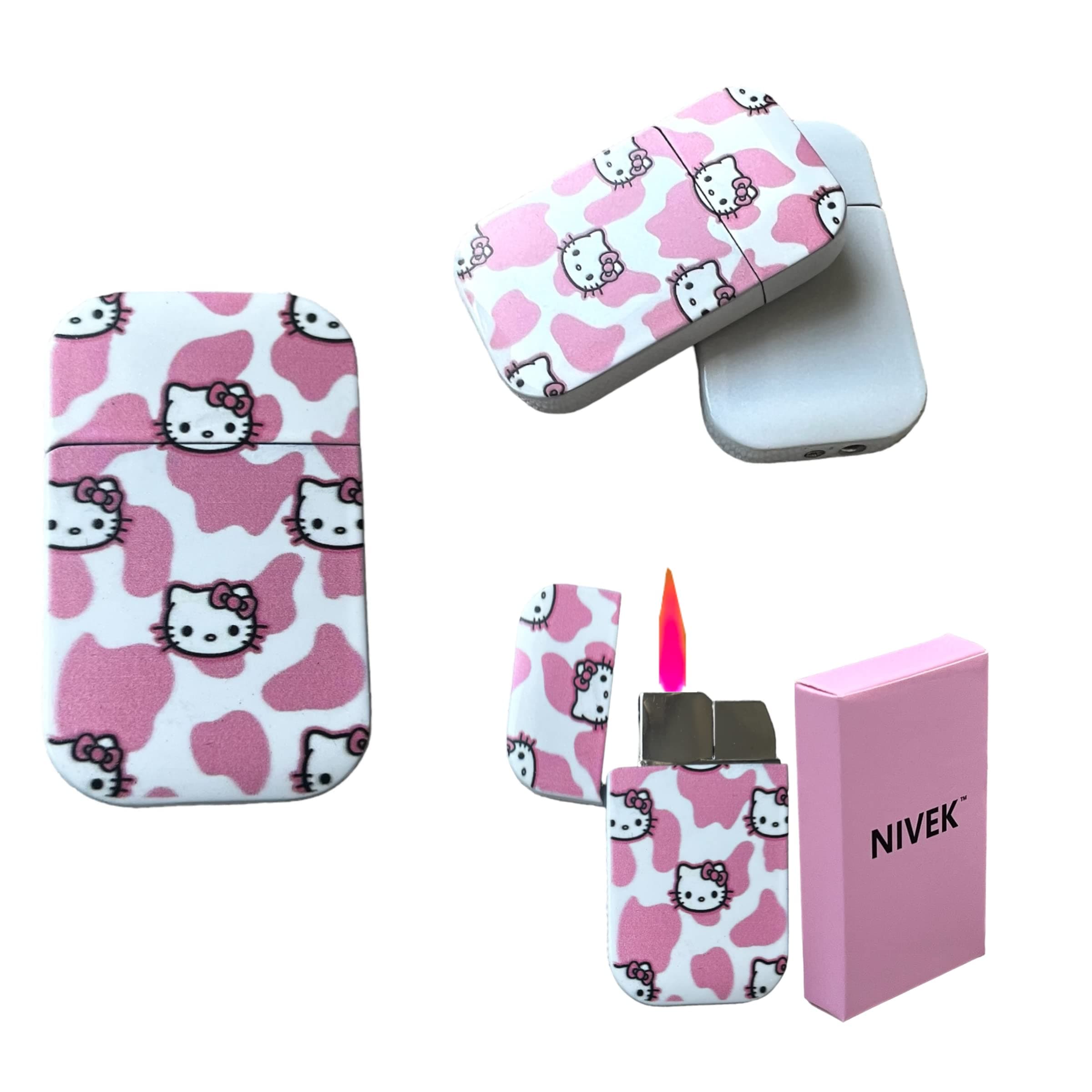 NIVEK Kuromi Lighter Kitty KT Torch Lighter Pink Flame Pocket Refillable Kawaii Windproof Flame Cool(Cat, Rabbit, Melody, Duffy) (A16-Pink Spots)