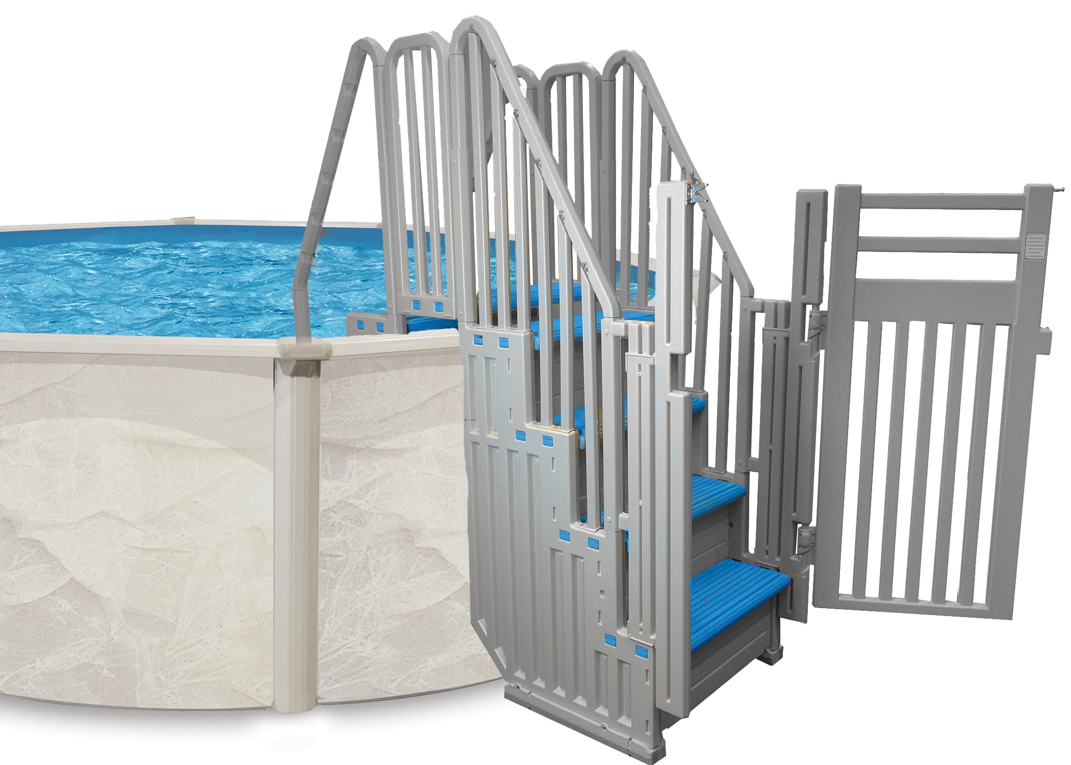 Confer Entry System for Above Ground Pools | White Frame with Blue Steps | All Resin Bridge System with Handrails and Gate