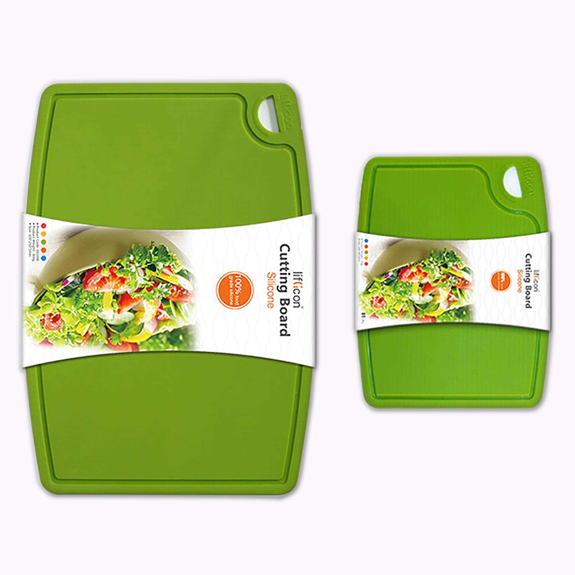 Liflicon Thick Cutting Boards for Kitchen Silicone Chopping Board Set of 2 Large14.6''x10.43'', Mini 9.1”x7.1” Non-slip Deep Drip Juice Groove Easy Grip Handle,Dishwasher Safe-Green