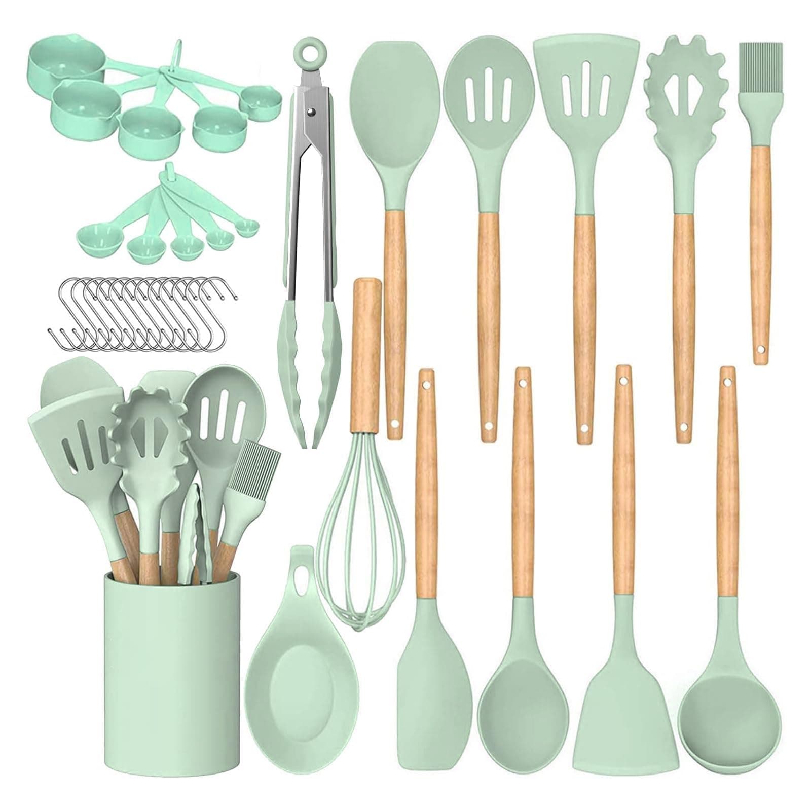 ARCHAEOPTERYX Kitchen Cooking Utensils Set, 35 pcs Non-Stick Silicone Cooking Kitchen Utensils Spatula Set with Holder, Wooden Handle Silicone Kitchen Heat Resistant Gadgets Utensil Set (Green)