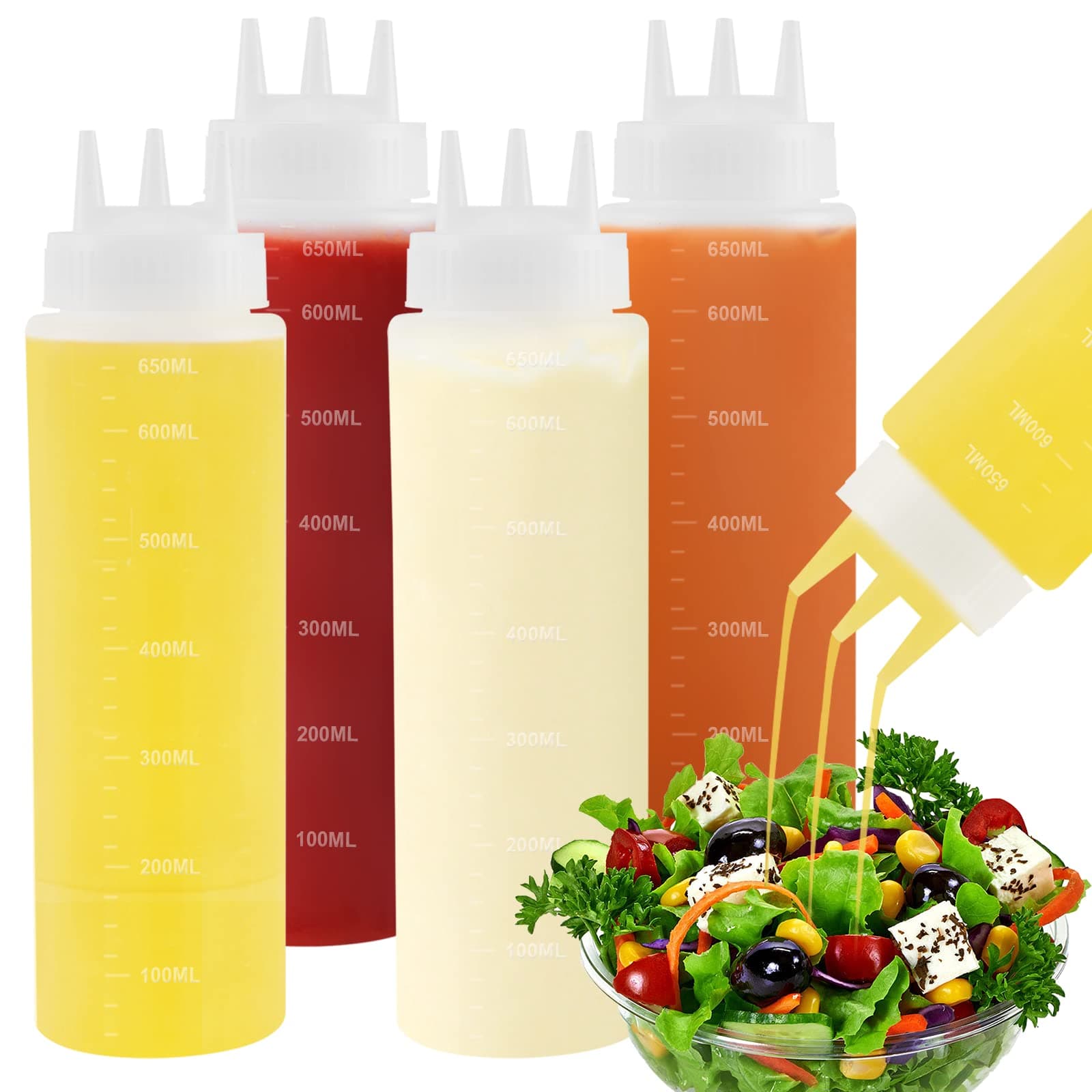 4Pack 23oz Plastic Squeeze Condiment Bottles 3 Holes Sauce Squeeze Bottle Squirt Bottles for Syrup Ketchup Dressing Oil Honey