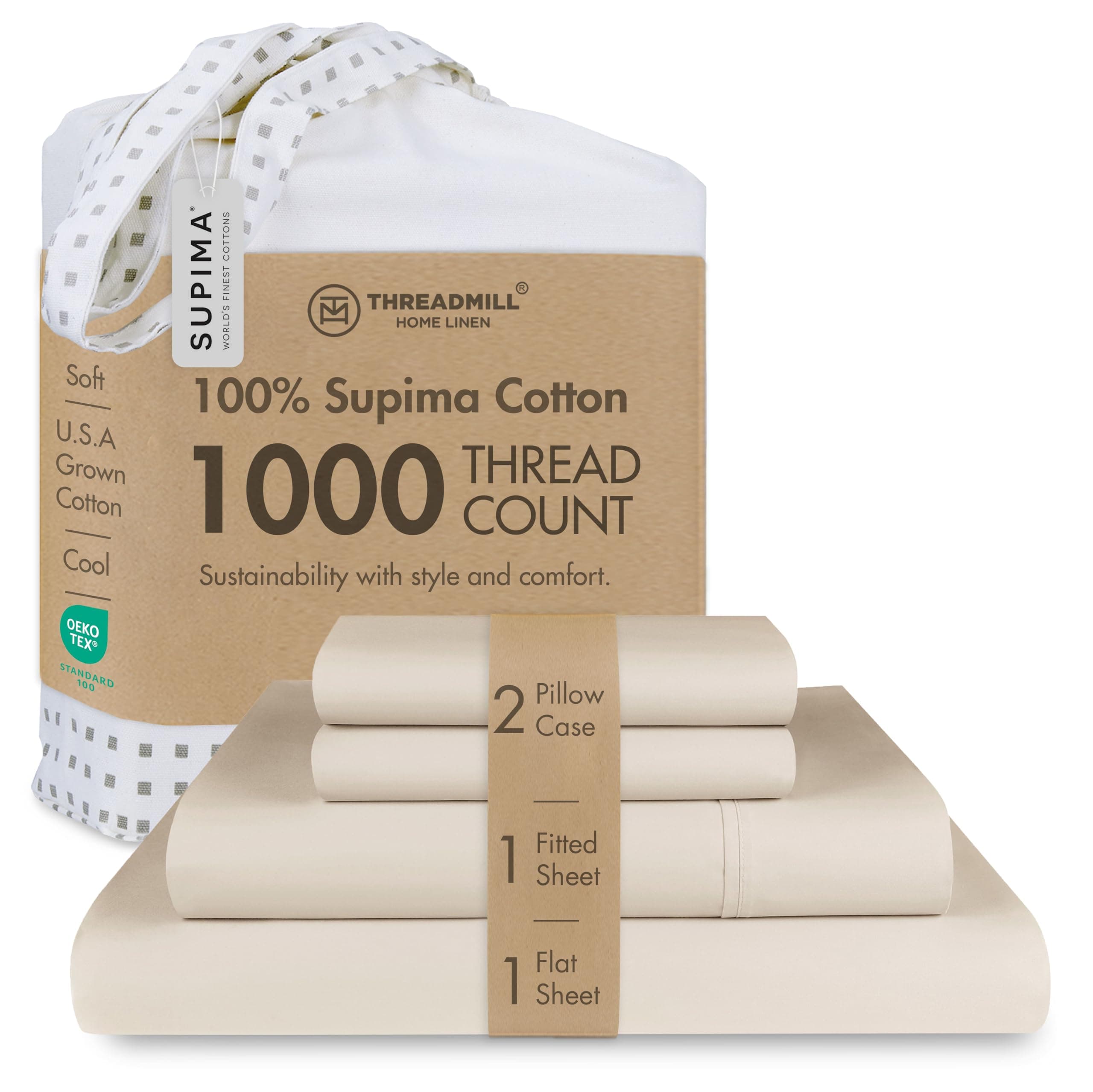 Threadmill Supima Cotton Sheets, 1000 Thread Count Soft 100% Cotton Sheets for Cal King Size Bed, 4 Pc Beige Cal King Bed Sheets Set, 5-Star Hotel Quality, Elasticized Deep Pocket Cal King Sheets
