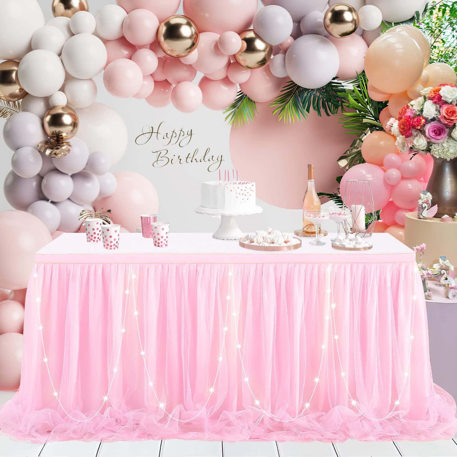 Pink Tulle Table Skirt for Rectangle Table 14 ft Pink Tutu Table Cloth LED Table Skirt for Girl Baby Shower Birthday Party Banquet