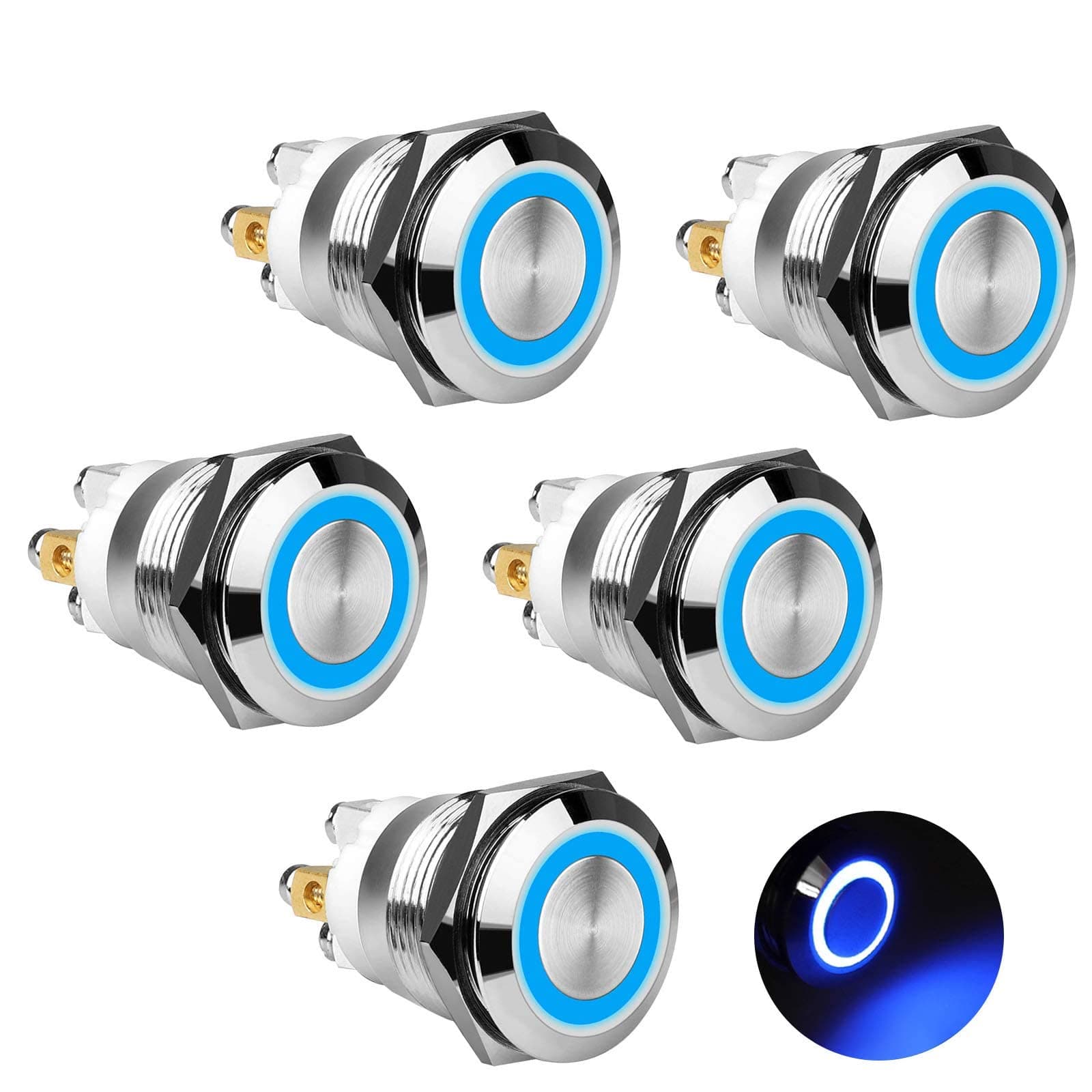 Linkstyle 5Pcs 19mm Momentary Push Button Switch with Blue Led Indicator Light, 12V Pushbutton Switch Waterproof Stainless Steel Metal SPST Momentary Switch for Car Marine Boat 12V 24V 110V 250V 5A
