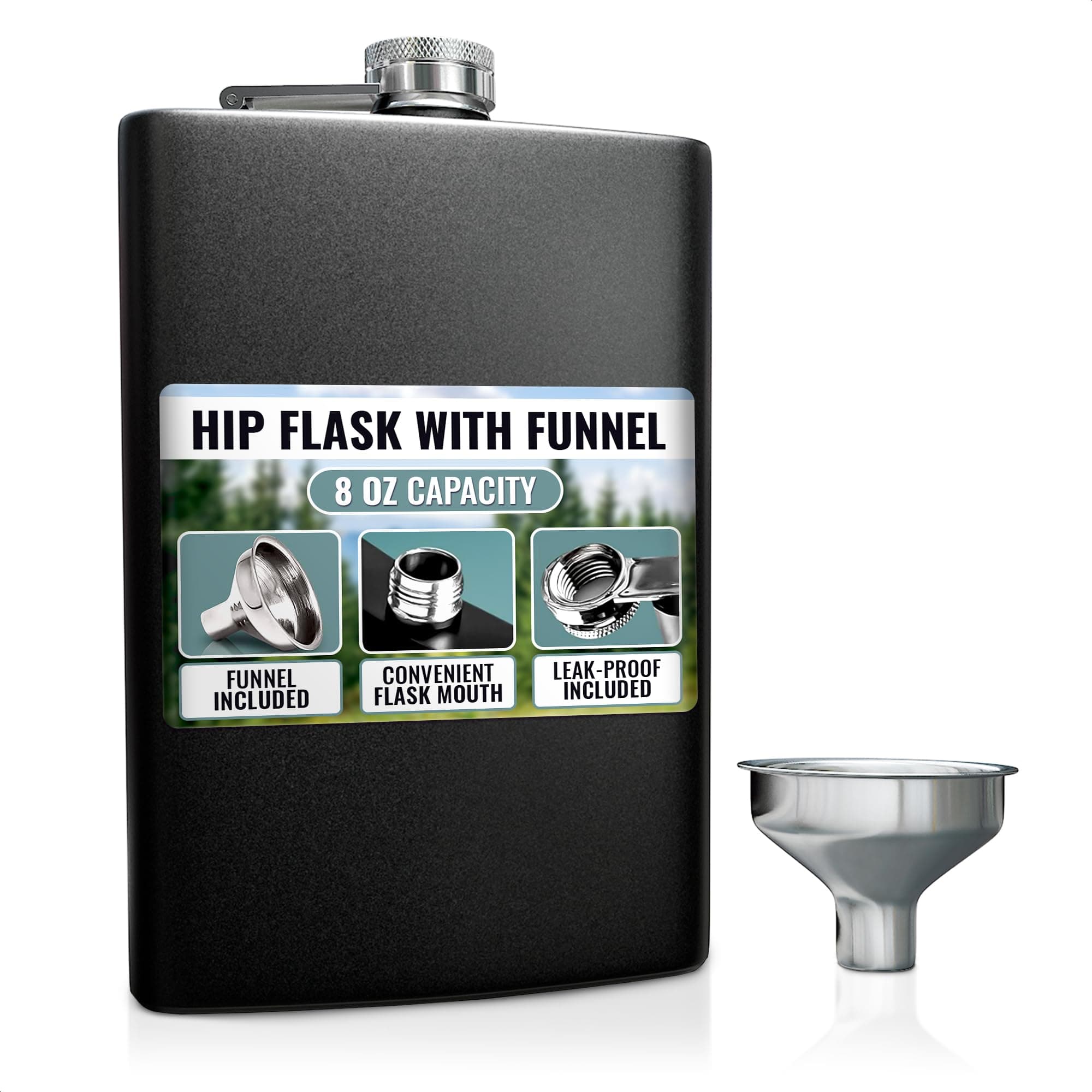 Hip Flasks for Liquor Matte Black - 8oz Stainless Steel Flasks for Liquor for Women Vodka Alcohol Flask for Men Whiskey - Leak Proof Drinking Funnel