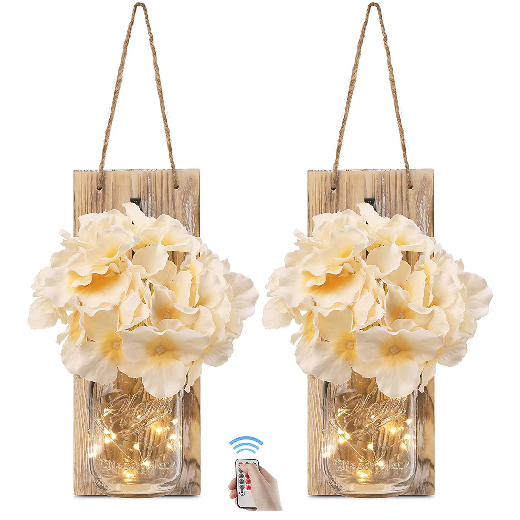 Rustic Mason Jar Sconces for Home Decor 6 Hours Timer Decorative Flower Wall Decor with LED Strip Lights, Silk Hydrangea, and Wrought Iron Hooks for House Decoration (Set of 2), Brown