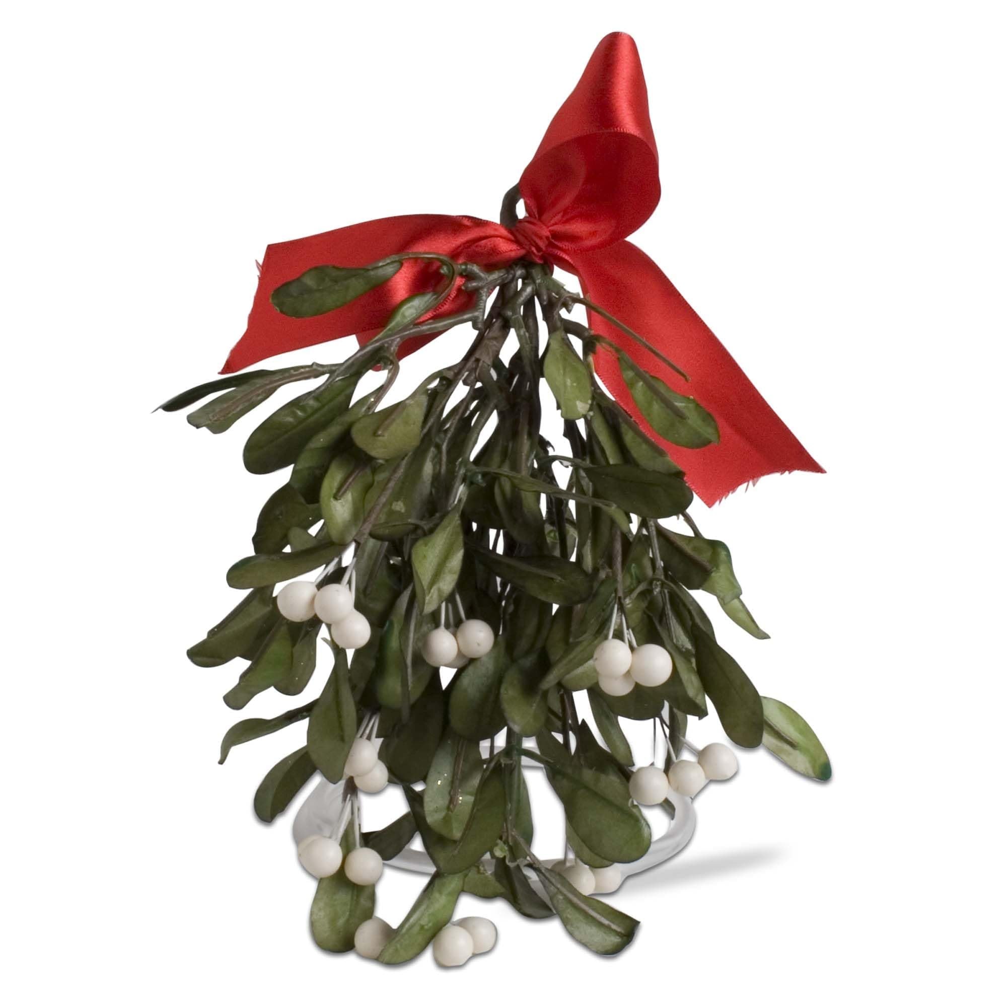tag 9.5" Christmas Artificial Hanging Mistletoe w/White Berries & Red Bow Xmas Festive Winter Holidays Home Entryway Living Room Decor Decoration Dark Green