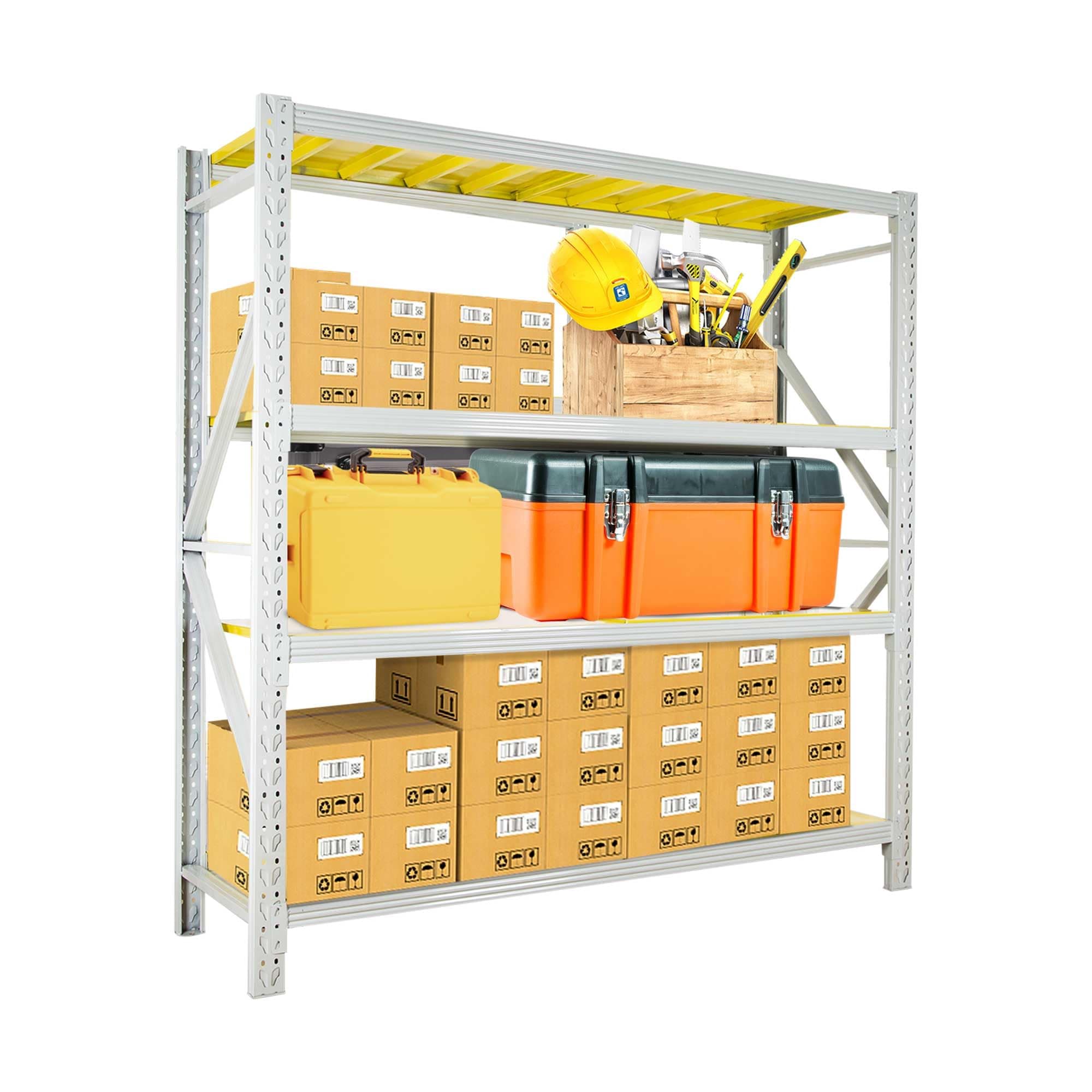 4-Tier Storage Shelf, Heavy Duty Shelf Storage, Warehouse & Garage Shelving Unit, Shelfs Storage With 300KG/Shelf Rack Weight Capacity, Storage Shelves Size 200 x 60 x 200CM, Grey Yellow Color